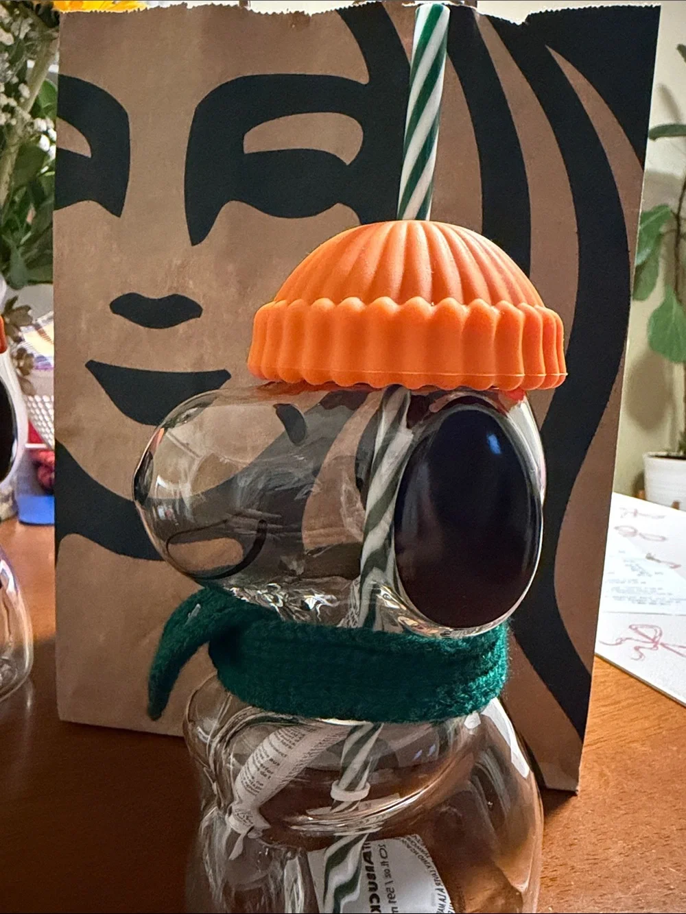 Starbucks Orange-Top Snowman Glass Cup with Green Scarf and Striped Straw